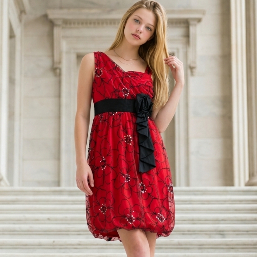 My Michelle Red Black Floral Flocked Bubble Dress Girls 16 Holiday Party Formal
